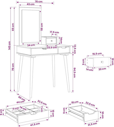 Floor-Standing Bedroom Dressing Table Fauske from Solid Wood White with Mirror & Stool 76x50x143cm