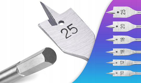 Set Of 6 Spade Bits With Hexagon Drill Top For Wood Glass And Tiles