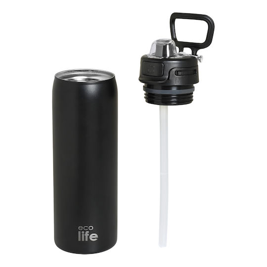 Ecolife Recycelbare Thermosflasche Rostfreier Stahl BPA-frei 650ml Tiefschwarz mit Stroh
