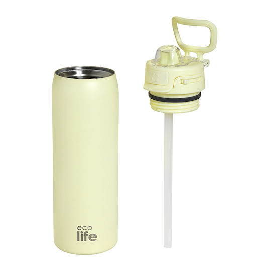 Ecolife Recycelbare Thermosflasche Rostfreier Stahl BPA-frei 650ml Off-White mit Stroh