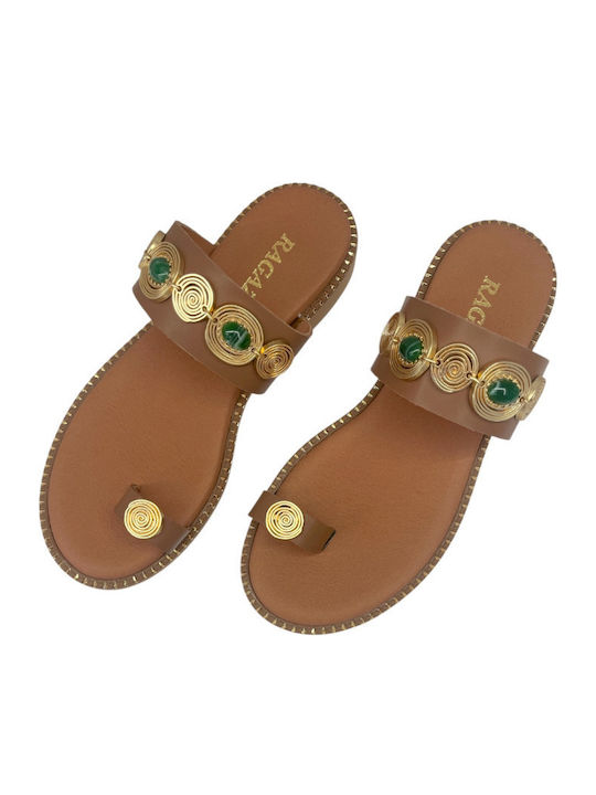 Leather Women's Flat Sandals Tabac Brown