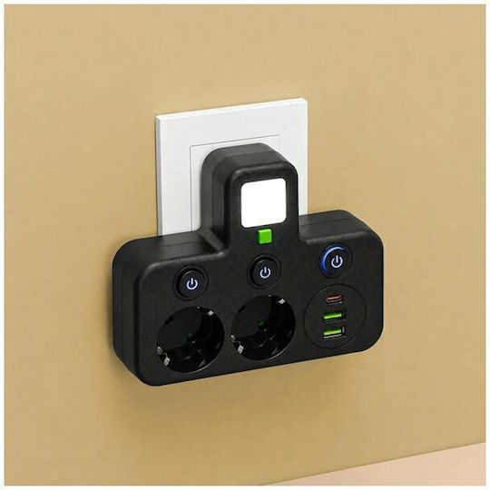 Захранваща лента 2 гнезда с 2 USB-A, USB-C и превключвател