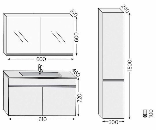 Furnibath Toledo 60 Πάγκος με Νιπτήρα & Καθρέπτη Μ61xΒ72xΥ46cm Grey