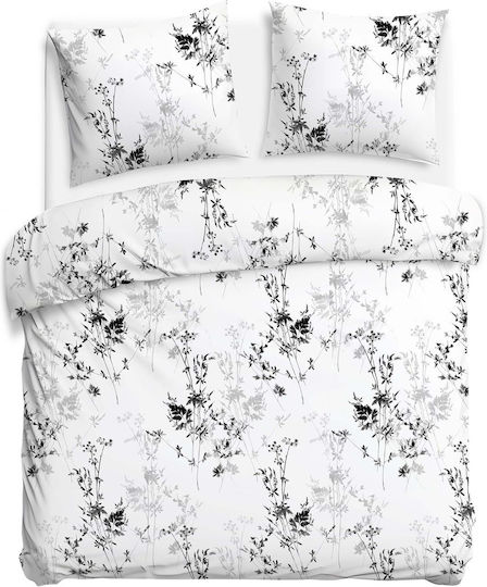 Darymex Set Husă de Pilotă din Bumbac cu Model Floral 180x200cm pentru Pat de o Persoană și Jumătate cu Față de Pernă Gri
