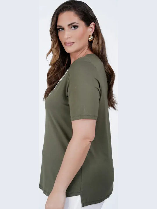 Damen Bluse Kurzärmelig mit V-Ausschnitt Olivgrün