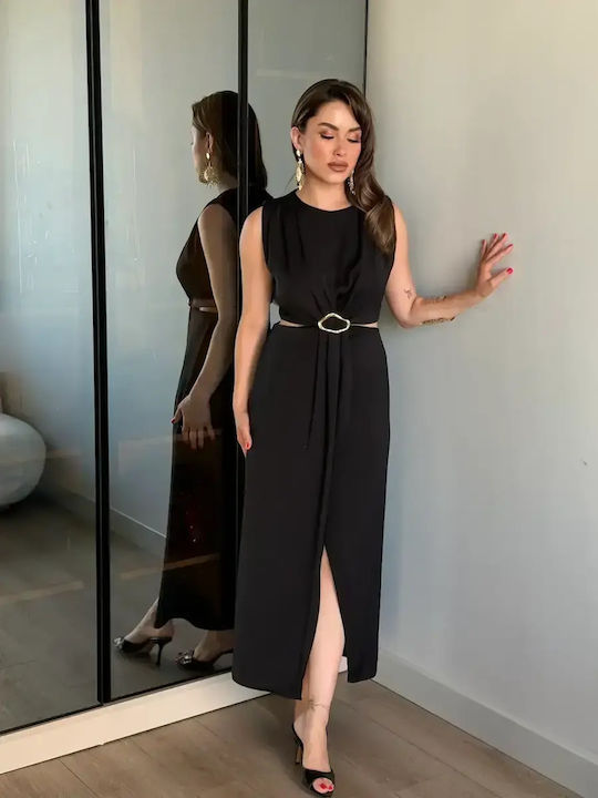 Summer Midi Evening Satin Dress with Slit Black