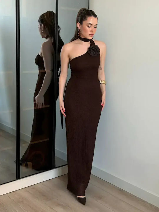 Summer Maxi Evening Slip Dress with Lace Brown
