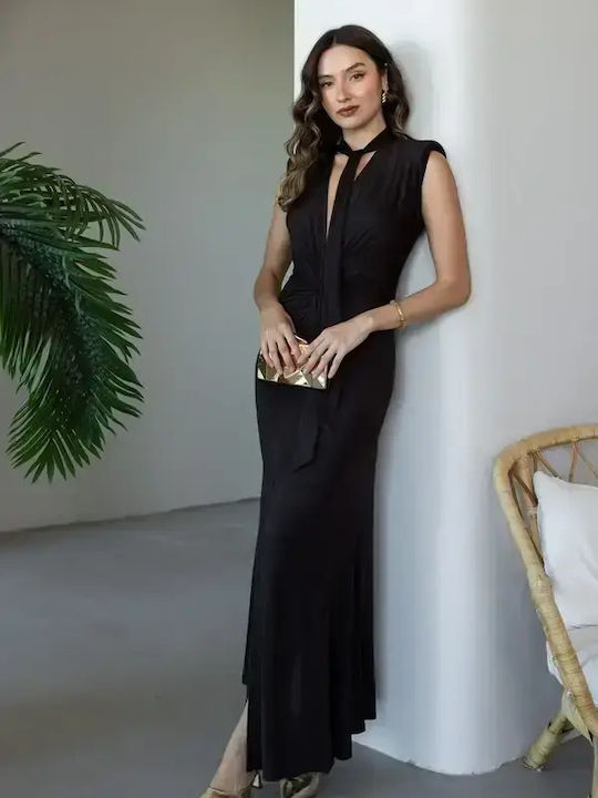 Sommer Maxi Abendkleid Satin Off-Shoulder Schwarz