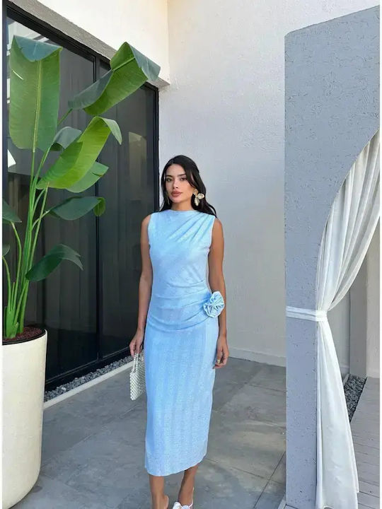Summer Midi Dress for Wedding Christening with Lace Light Blue