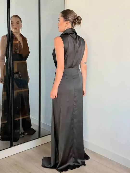 Summer Maxi Evening Satin Slip Dress with Tearing Black