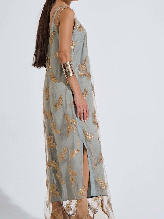 Summer Maxi Evening Slip Dress Satin with Tulle Gold