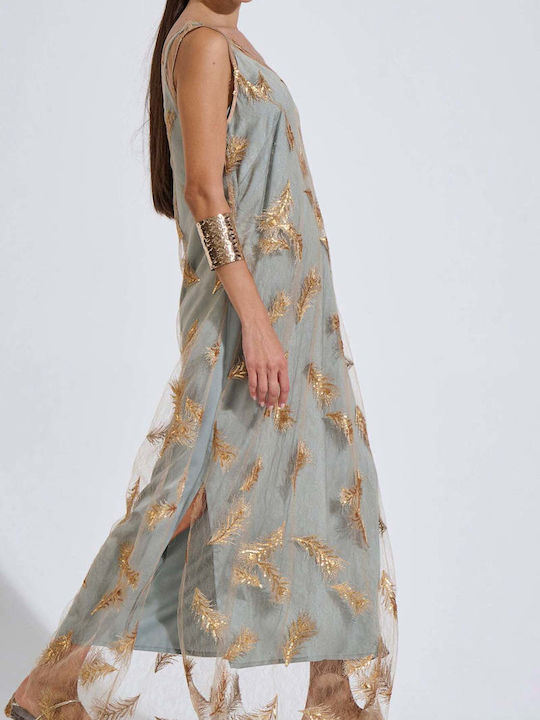 Summer Maxi Evening Slip Dress Satin with Tulle Gold