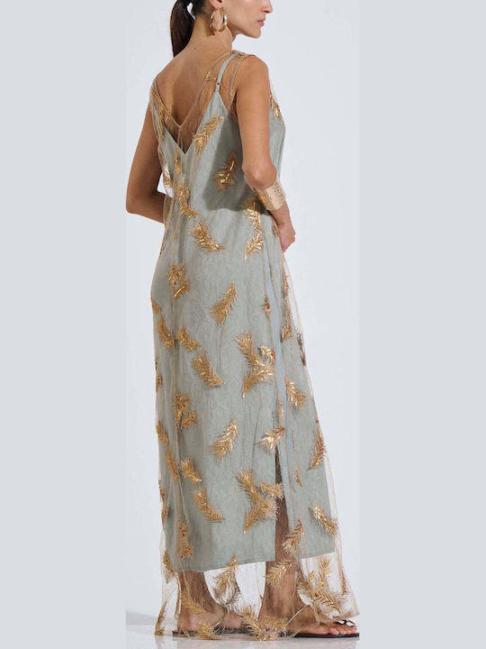 Summer Maxi Evening Slip Dress Satin with Tulle Gold
