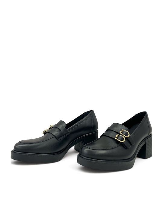 Leder Pumps mit Chunky Mittelhohem Absatz Schwarz
