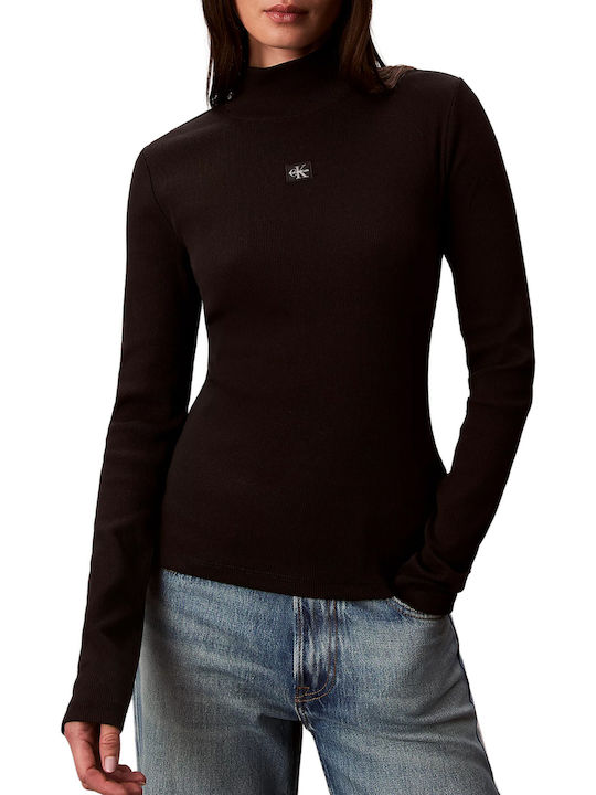 Bluza Damă Bumbac Mânecă Lungă Cu Guler Înalt Neagră