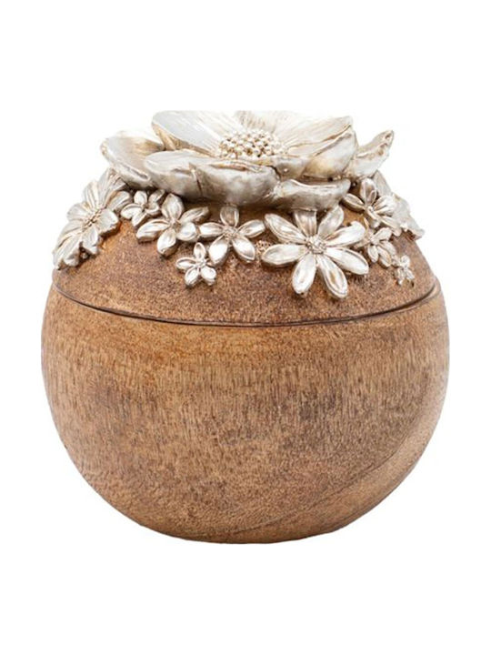 Estheti Home Decorative Round Box Flowers Polyresin-Wood Natural-Silver 9.5x9.5x9.5cm 819-00550