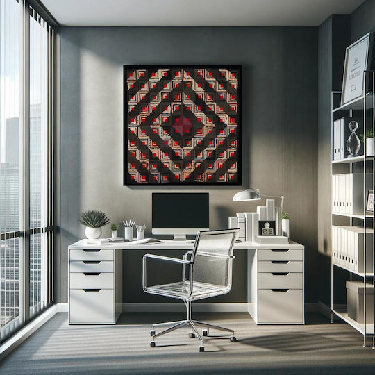 Painting Blocks Arranged In Barn Raising Pattern Block Centers Red Wool Strips In Variety Solid Colors Prints Blue Edge Binding Back Is Black White Small Floral Print On Grey Ground 110x110