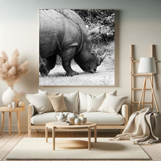 Painting Grazing Rhino In Black White Rhinoceros Grazes Black White 120x120