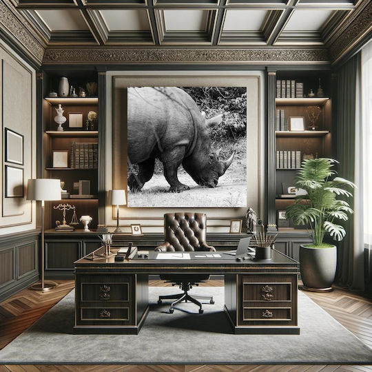 Painting Grazing Rhino In Black White Rhinoceros Grazes Black White 120x120