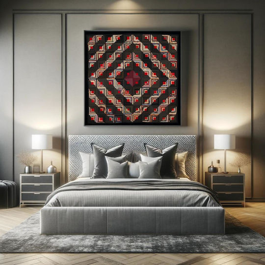 Painting Blocks Arranged in Barn Raising Pattern Block Centers Red Wool Strips in Variety Solid Colors Prints Blue Edge Binding Back Is Black White Small Floral Print on Grey Ground 120x120