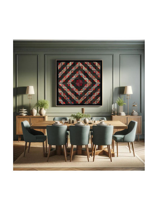 Painting Blocks Arranged in Barn Raising Pattern Block Centers Red Wool Strips in Variety Solid Colors Prints Blue Edge Binding Back Is Black White Small Floral Print on Grey Ground 120x120