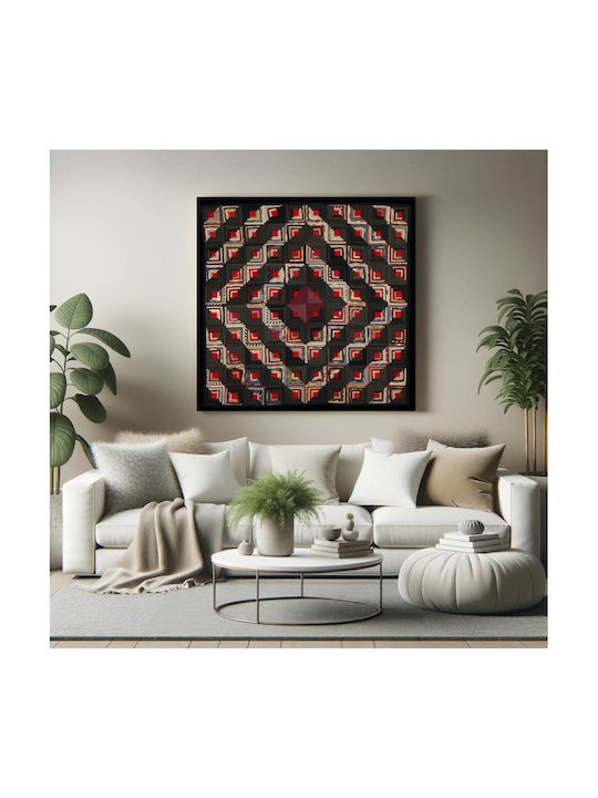 Painting Blocks Arranged in Barn Raising Pattern Block Centers Red Wool Strips in Variety Solid Colors Prints Blue Edge Binding Back Is Black White Small Floral Print on Grey Ground 120x120