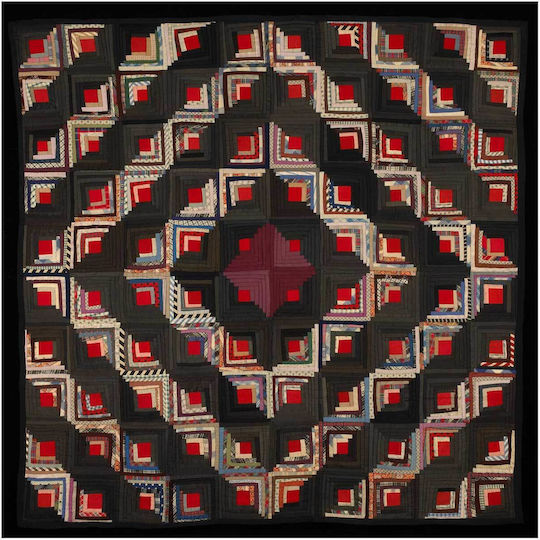 Painting Blocks Arranged in Barn Raising Pattern Block Centers Red Wool Strips in Variety Solid Colors Prints Blue Edge Binding Back Is Black White Small Floral Print on Grey Ground 120x120