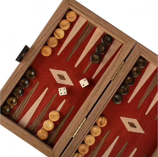 Manopoulos Walnut Wooden Checkers & Dice Set for Backgammon Handmade Red / Brown 20cm