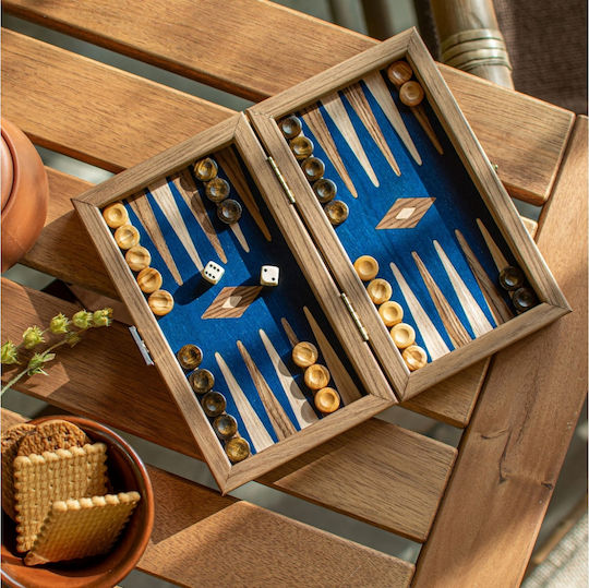 Manopoulos Walnut Wooden Checkers & Dice for Backgammon Handmade Blue / Brown 20cm