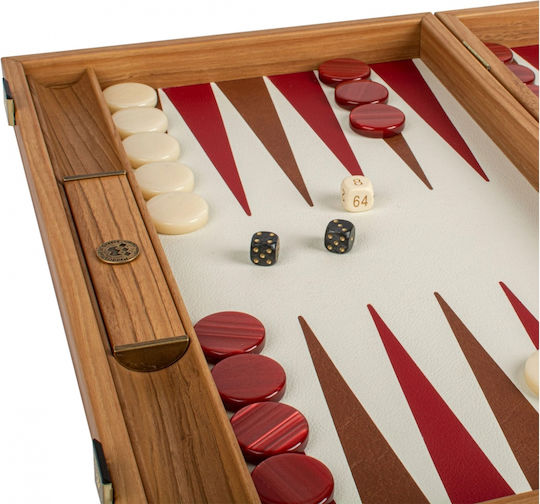 Manopoulos Leatherette Wooden Checkers & Dice Set for Backgammon Handmade Beige / Red / Brown