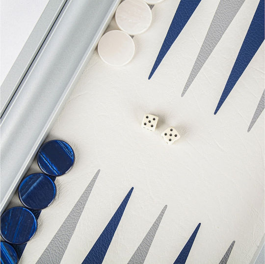 Manopoulos Leatherette Set Wooden Checkers & Dice for Backgammon Handmade Blue / White