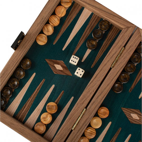 Manopoulos Walnut Wooden Checkers & Dice for Backgammon Handmade Green / Brown 20cm