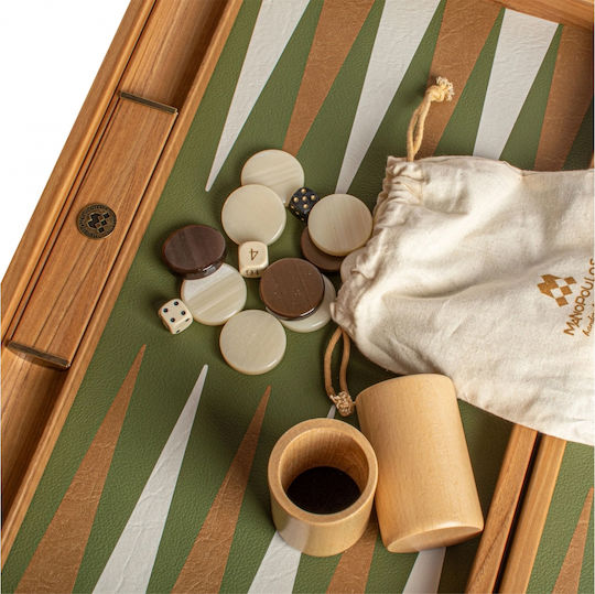 Manopoulos Leatherette Wooden Checkers & Dice Set for Backgammon Handmade Green / Yellow