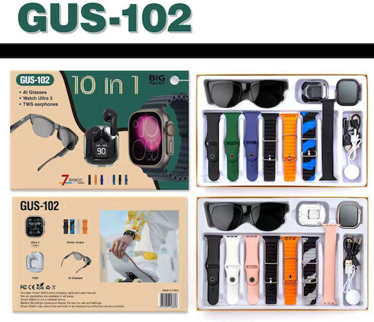 GUS-102 Set Smartwatch Cu Căști Wireless și Ochelari AI Cu Difuzor 49mm Cu Pulsometru (Aur)
