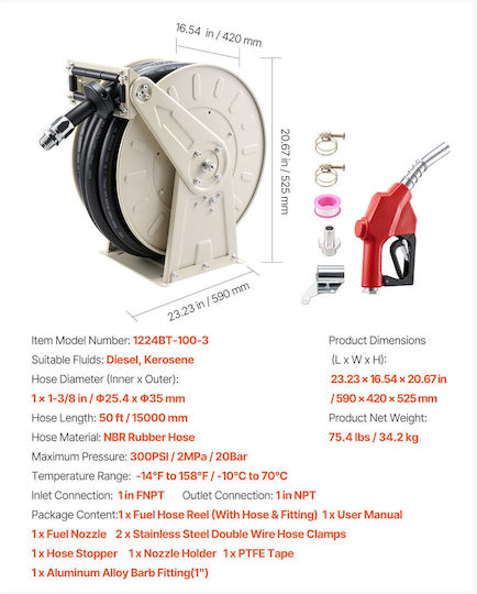 Vevor Fuel Hose Reel 25.4 x 15,000 mm Spring Automatic Retract 300 Psi Steel Diesel Kerosene Cyrgjpddk50fo2j66001v0