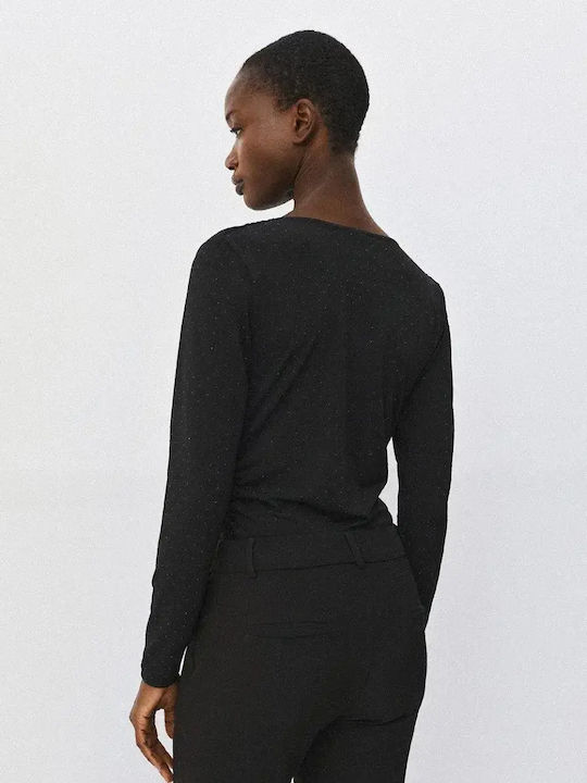 Bluza Damă Mânecă Lungă Drapată Neagră