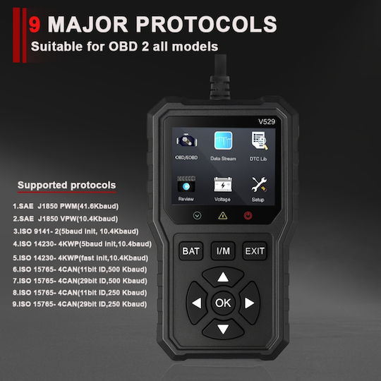Obd2 Auto Diagnostic Tester Foxsur V529 Battery Test Dtc Lookup 10 Languages Engine Codes O2 Sensor Evap Freeze Frame I M Black