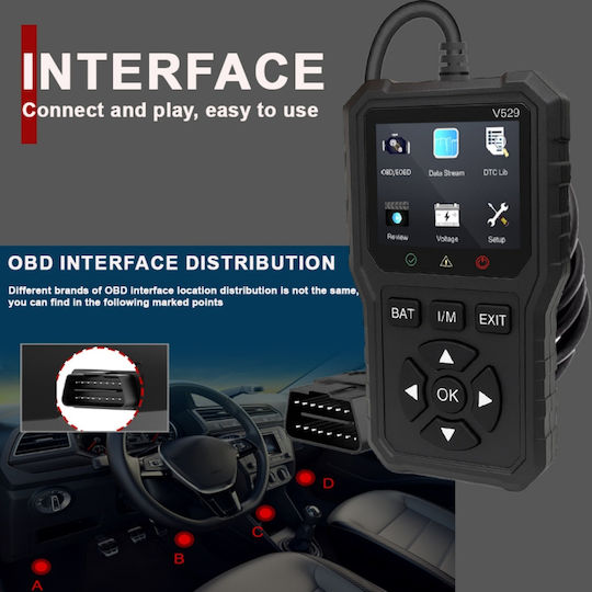 Obd2 Auto Diagnostic Tester Foxsur V529 Battery Test Dtc Lookup 10 Languages Engine Codes O2 Sensor Evap Freeze Frame I M Black