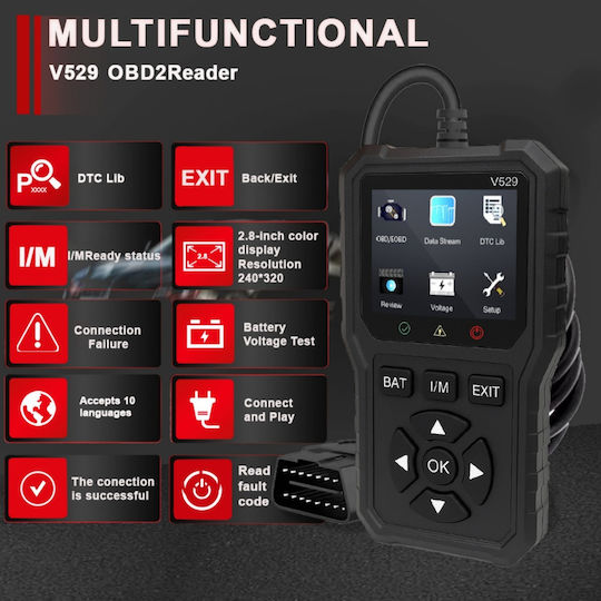 Obd2 Auto Diagnostic Tester Foxsur V529 Battery Test Dtc Lookup 10 Languages Engine Codes O2 Sensor Evap Freeze Frame I M Black