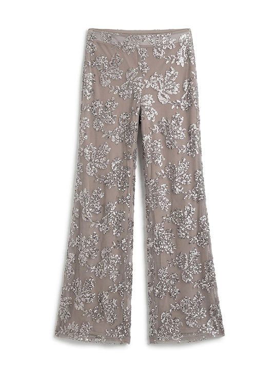 Damen Stoffhose mit Gummiband in Gerader Bein Stil Silber- Puro mit Pailletten