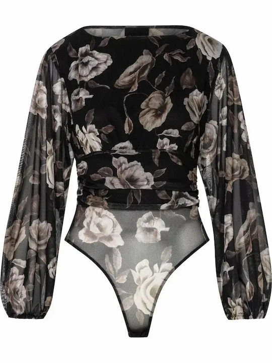 Access Damen-Bodysuit Langärmelig Floral 64-2216 Schwarz