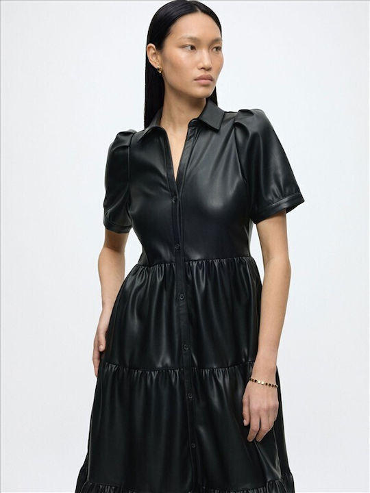 Midi Shirt Dress Leather Black