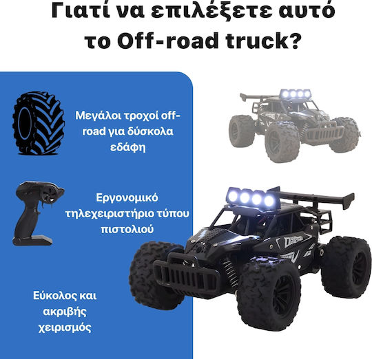 Mașină Teleghidată Rc Off-road 1:16 Viteză 20 Km/h Roți Mari All-terrain Lumini Led Proiectoare Telecomandă Tip Pistol Baterie Reîncărcabilă Inclusă Jucărie Pentru Copii 5+ Ani Neagră
