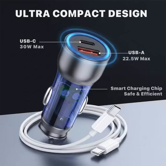 Încărcător Auto 52.5w Usb-c Pd 30w + Usb-a Qc 22.5w 1m Cablu Usb-c La Usb-c Încărcare Rapidă Quick Charge Telefon Tabletă Compact Albastru Gri