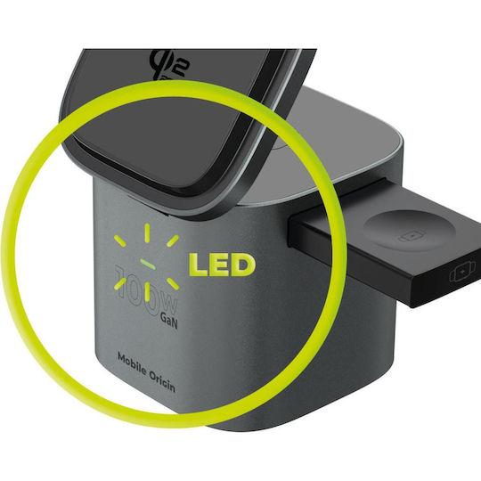 Mobile Origin Qi2 GaN Wireless Charger with USB-A Port and USB-C Port and USB-C Cable 25W Grey (PW37)