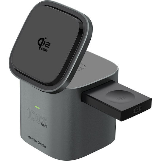 Mobile Origin Qi2 GaN Wireless Charger with USB-A Port and USB-C Port and USB-C Cable 25W Grey (PW37)