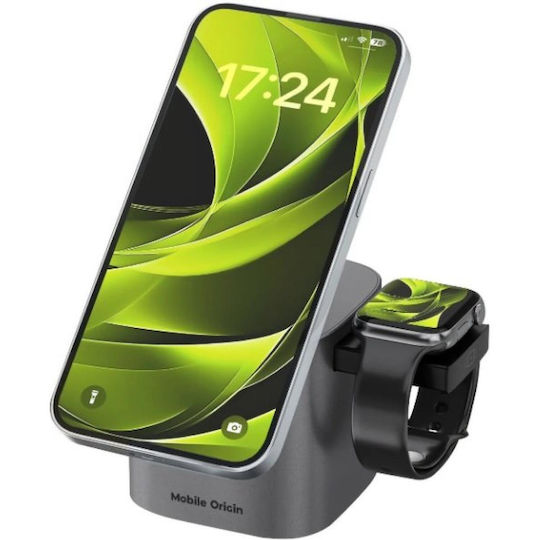 Mobile Origin Qi2 GaN Wireless Charger with USB-A Port and USB-C Port and USB-C Cable 25W Grey (PW37)