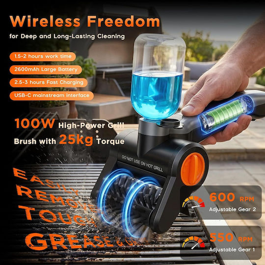 Perie Profesională Electrică pentru Curățarea Grătarului 100w 8000 Rpm Curățare Automată 360° Rezervor de Apă de 300ml Pulverizare Baterie de 2600mah 7.4v 2 Viteze Rezistentă la Apă Ipx8 Perii din Oțel Inoxidabil 304 Încărcare Usb-c Set Complet Accesorii Geantă