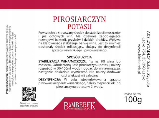 Калиев Метабисулфит 100г Дезинфекция Стабилизация Вино Алкохол Bimber