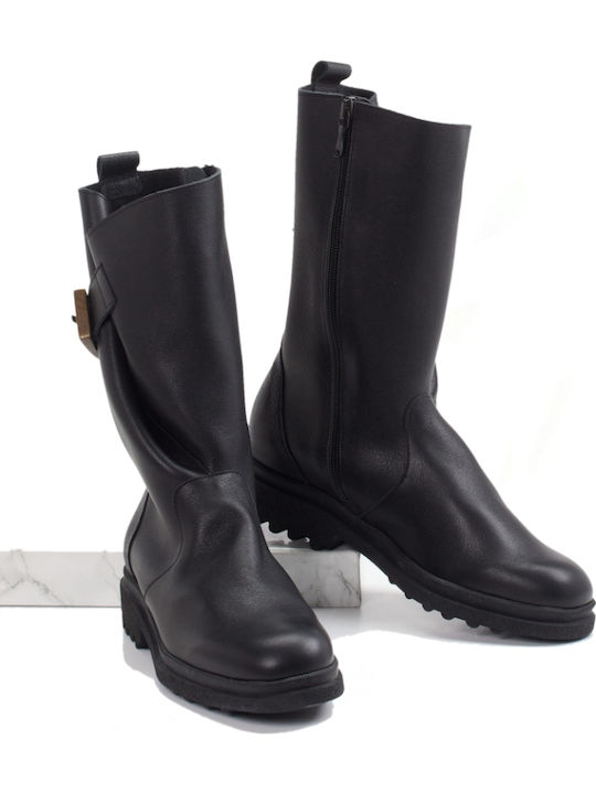 Leder Damen Biker-Stiefel Schwarz